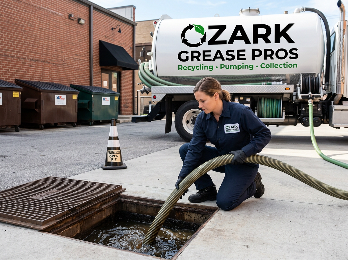 Ozark Grease Pros worker pumps a grease trap, showing safe, professional service in northwest Arkansas.