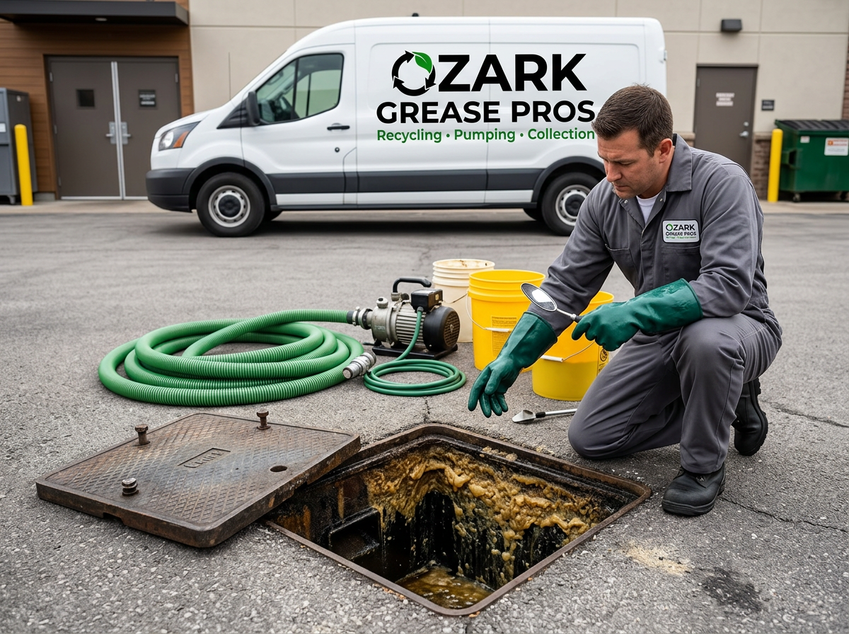 Ozark Grease Pros worker cleans a grease trap in Fayetteville, showing safe and professional recycling services.