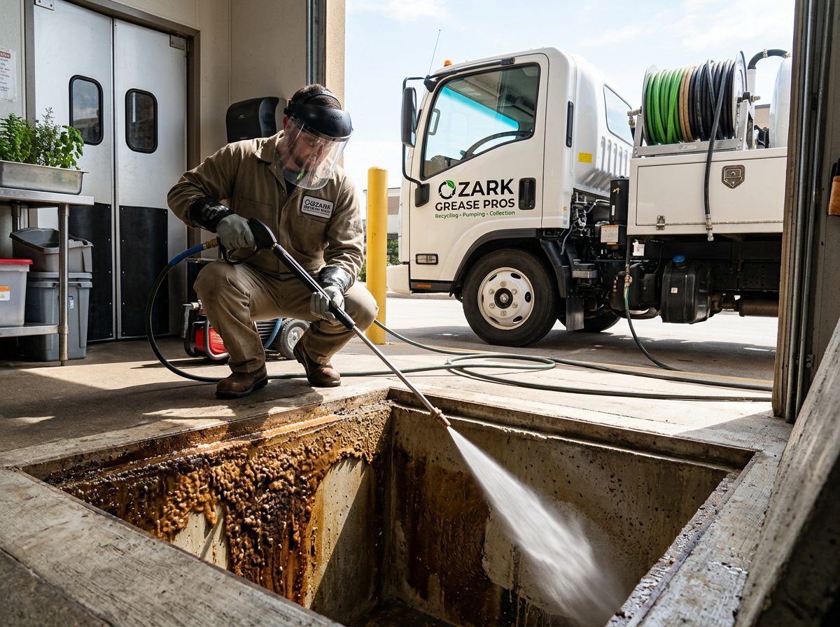 A worker from Ozark Grease Pros cleans a grease trap, showing their reliable commercial service on a clear day.