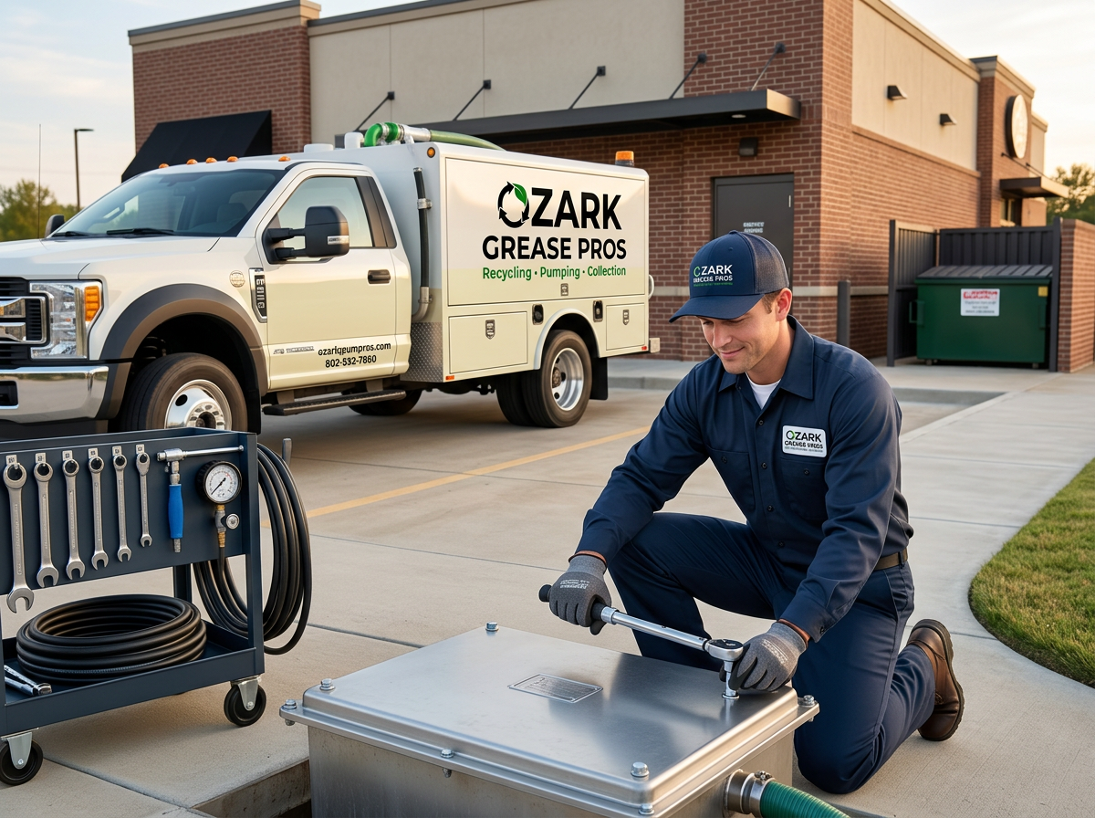 An Ozark Grease Pros worker helps a business with grease trap service during an emergency outside the building.