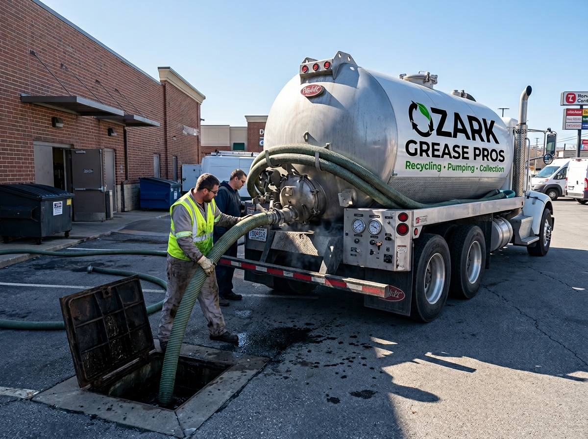 Ozark Grease Pros helps a business clean a grease trap quickly during an emergency at a busy parking lot.