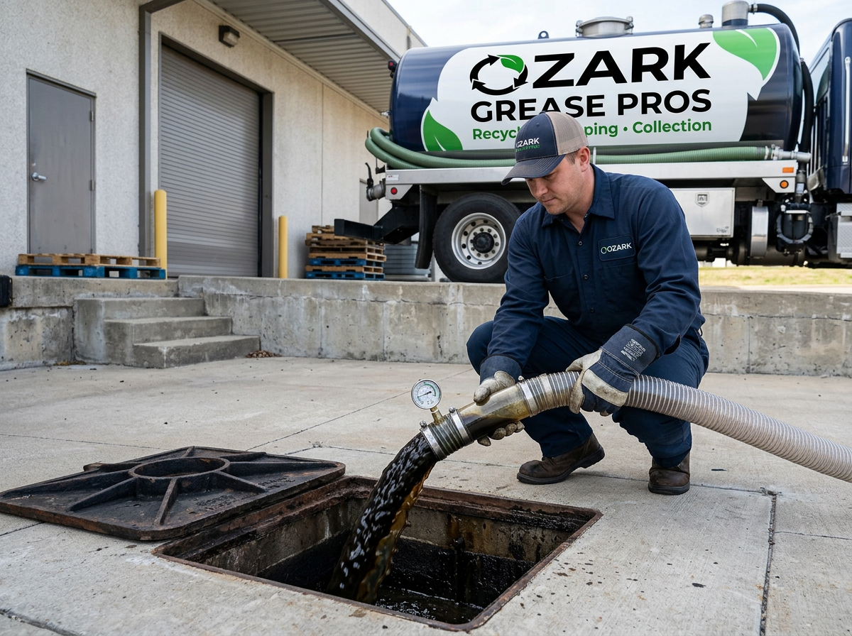 A worker empties grease into a drain outside with an Ozark Grease Pros truck showing their grease trap service.