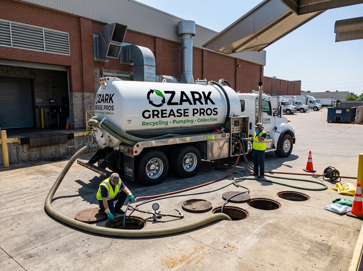 Ozark Grease Pros team cleans grease traps outside a business, using equipment to remove grease as part of their service.