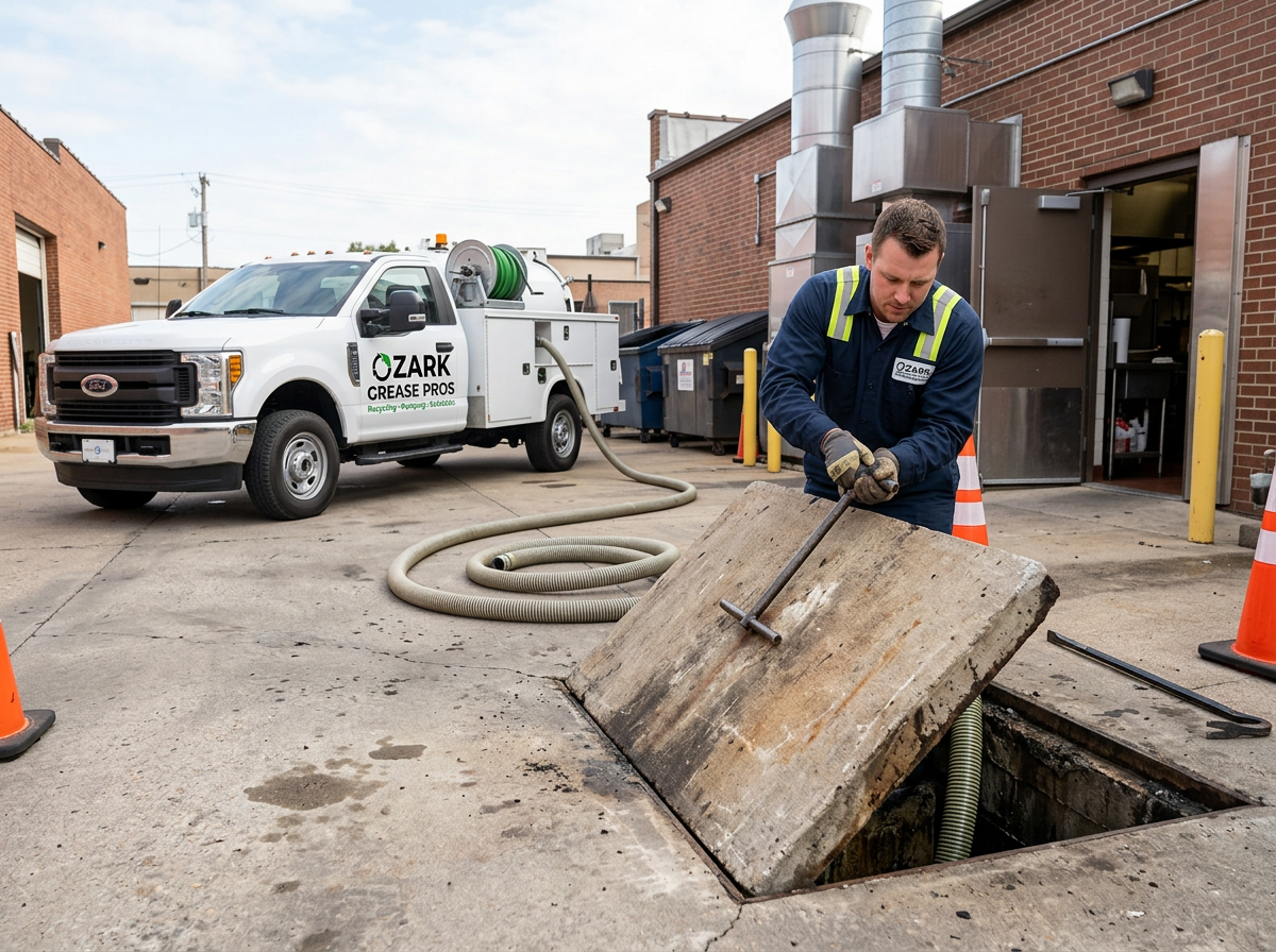 An Ozark Grease Pros worker services an outdoor grease trap, showing the company's reliable commercial cleaning service.