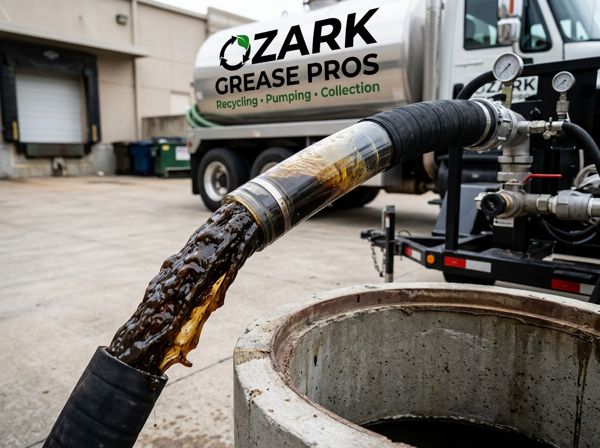 Ozark Grease Pros recycles used cooking oil at a facility, showing how businesses safely dispose of grease.