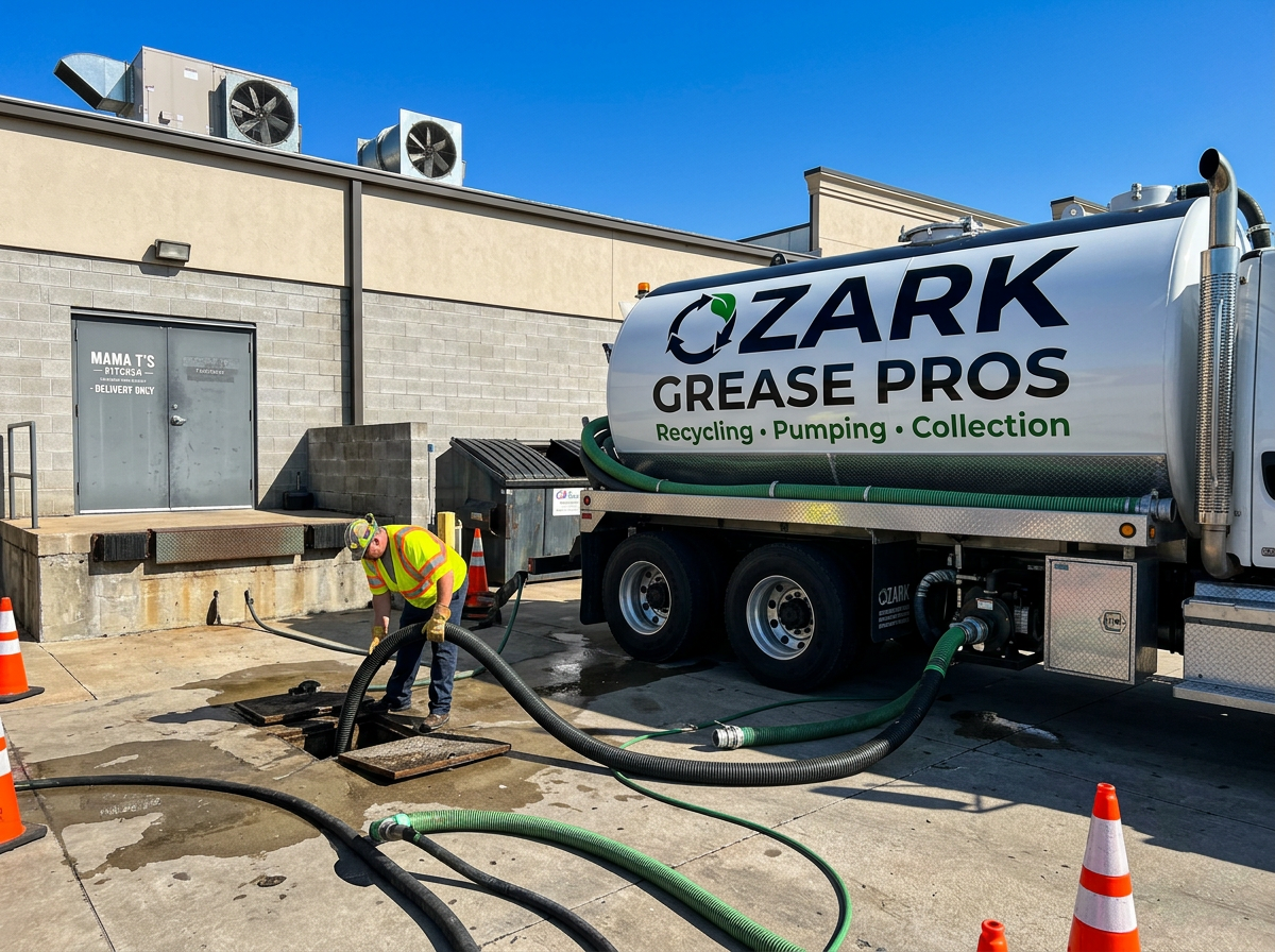 Ozark Grease Pros worker collects grease from a building, showing safe and professional grease trap service in action.