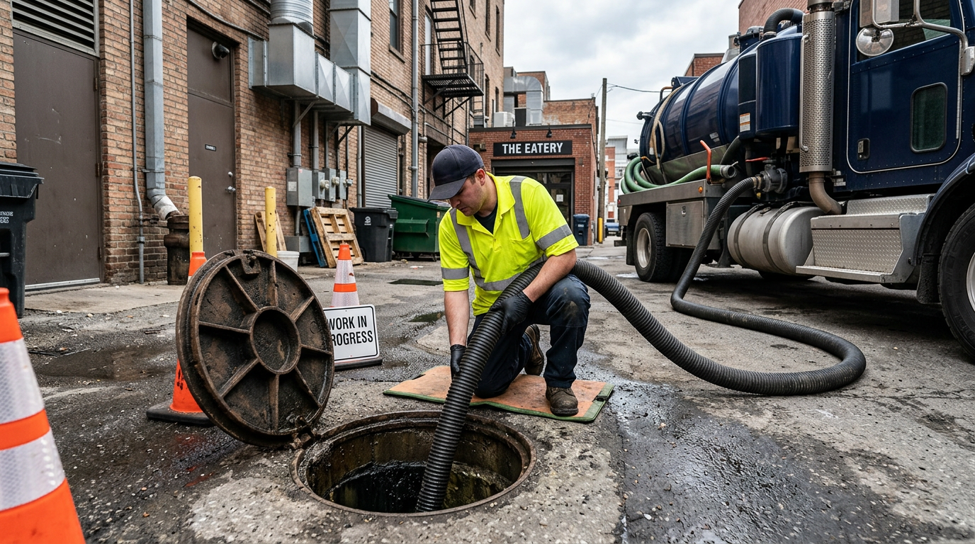 A worker from Ozark Grease Pros cleans a grease trap in Fayetteville, using safe tools and signs for public safety.