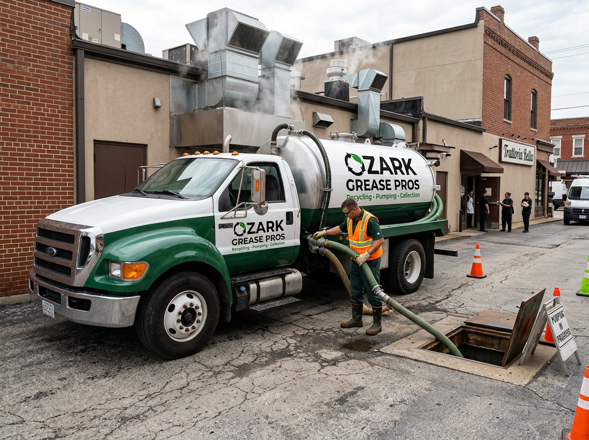 Ozark Grease Pros employee safely pumps grease into a company truck, showing local expert grease trap service in Northwest Arkansas.