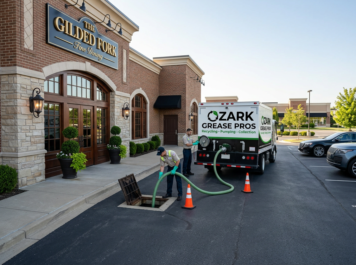Ozark Grease Pros workers clean a restaurant grease trap, showing their trusted service for keeping kitchens up to code.