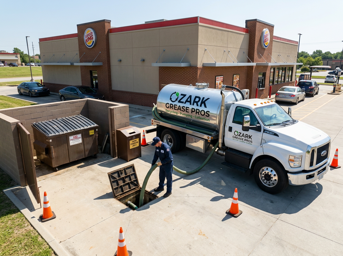 Ozark Grease Pros worker cleans a restaurant grease trap in Fayetteville, AR, showing expert grease trap service.