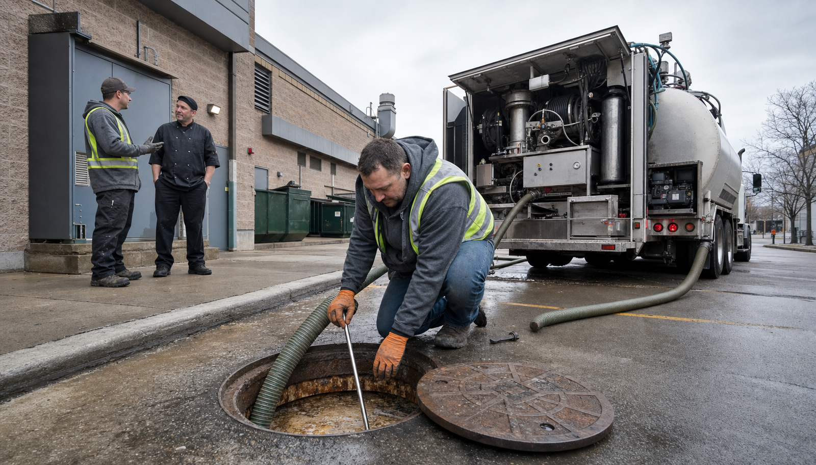 Ozark Grease Pros worker pumps a grease trap while teammates coordinate nearby, showing teamwork in Northwest Arkansas.