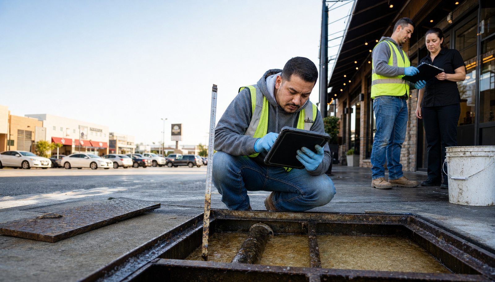 Ozark Grease Pros team checks a utility hole with a tablet, showing fast grease trap help at a business location.