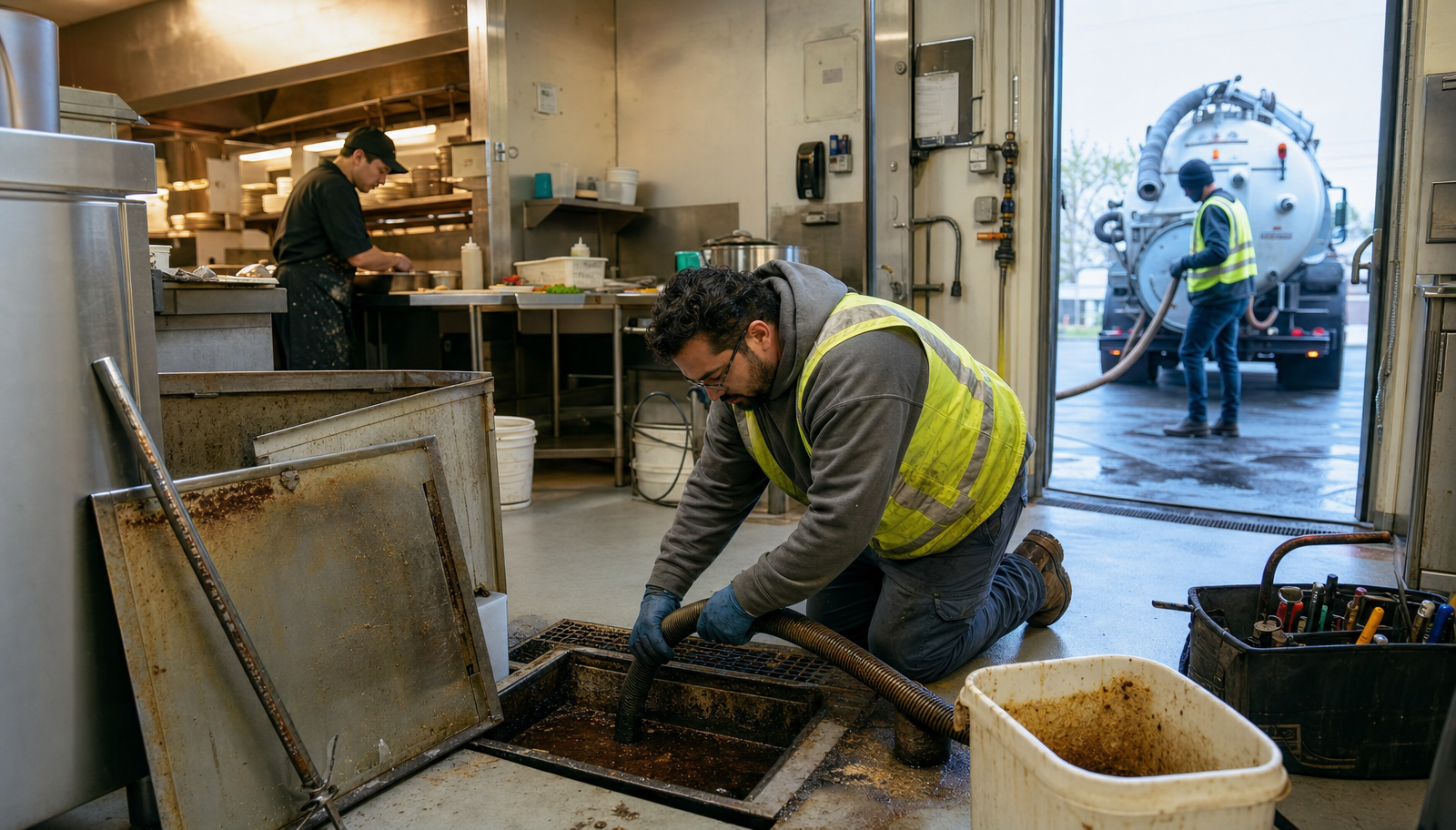 Ozark Grease Pros workers clean a kitchen grease trap while food is made nearby, showing professional service in Fayetteville.