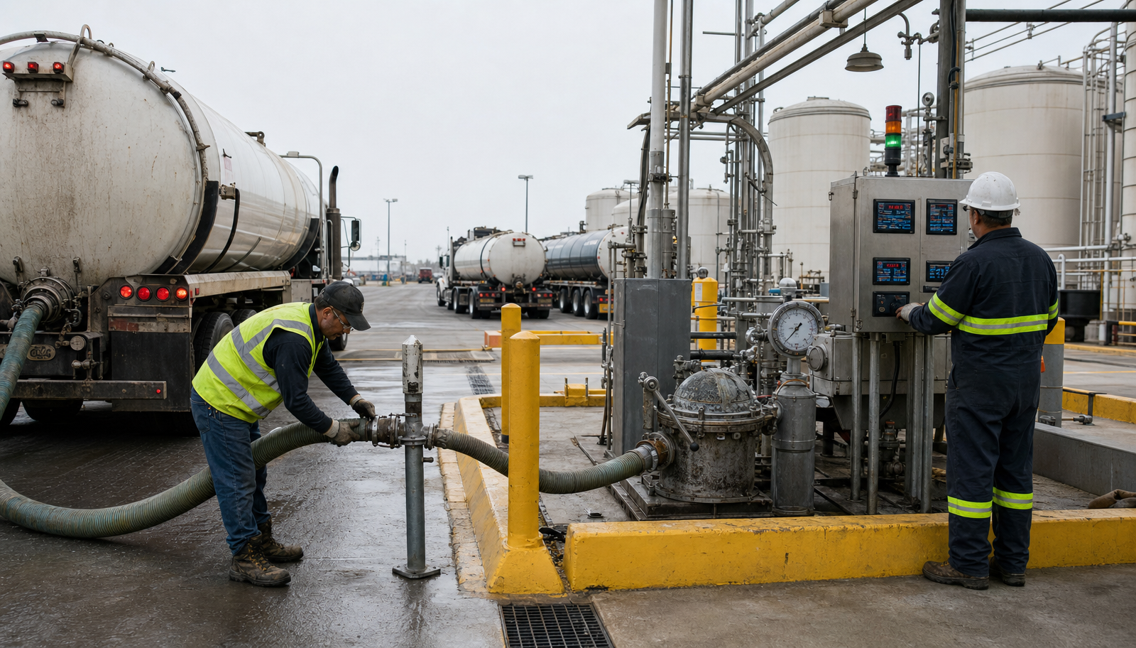 Ozark Grease Pros team members safely manage grease disposal operations at their Siloam Springs service facility.