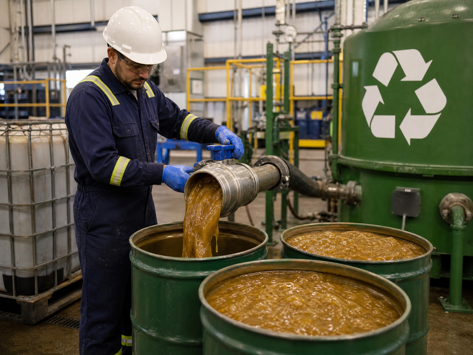 Ozark Grease Pros worker safely handles used grease, showing the company’s dedication to recycling and proper disposal.