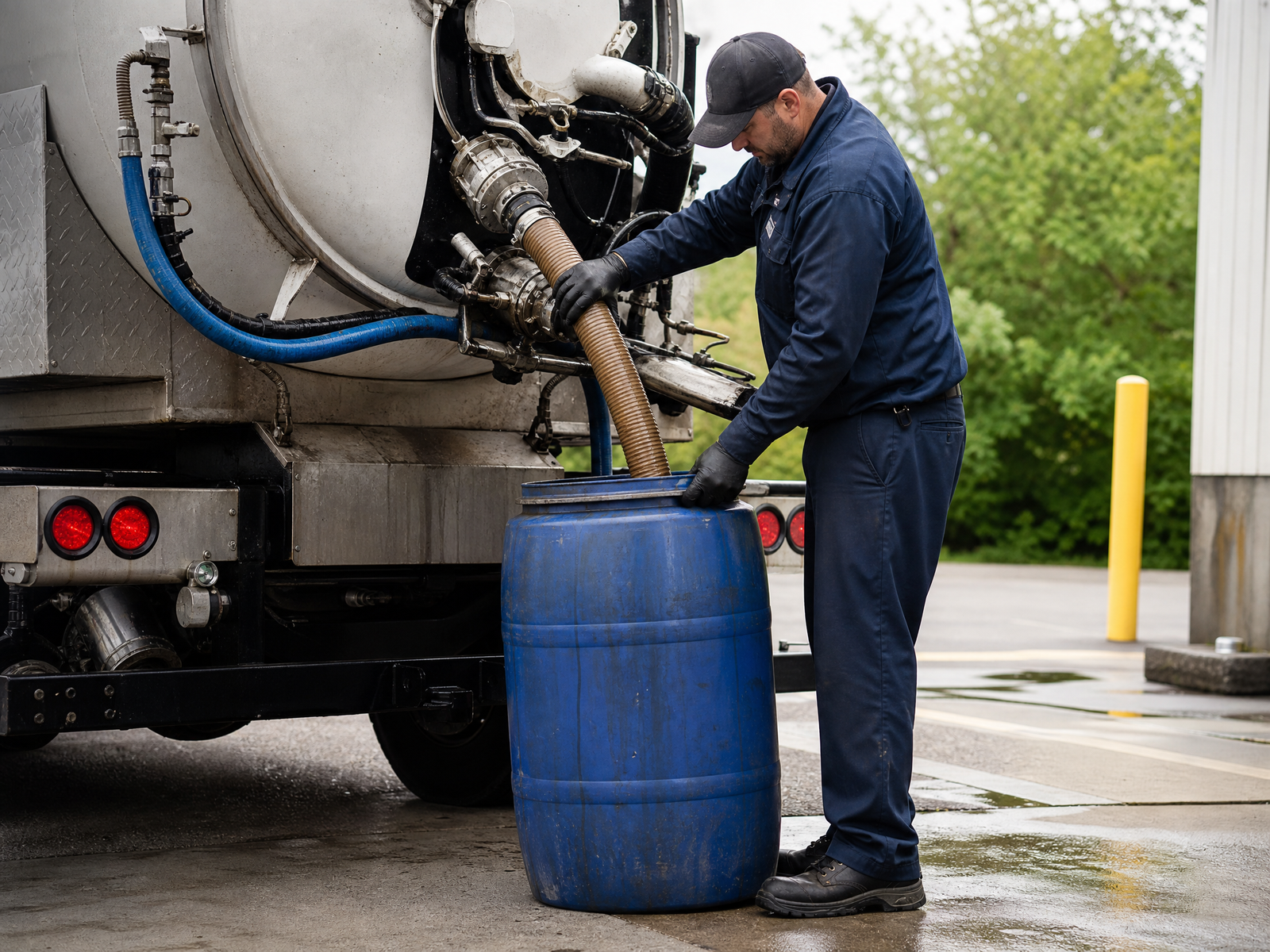 Ozark Grease Pros worker provides commercial grease trap service, showing safe and careful handling of materials outdoors.