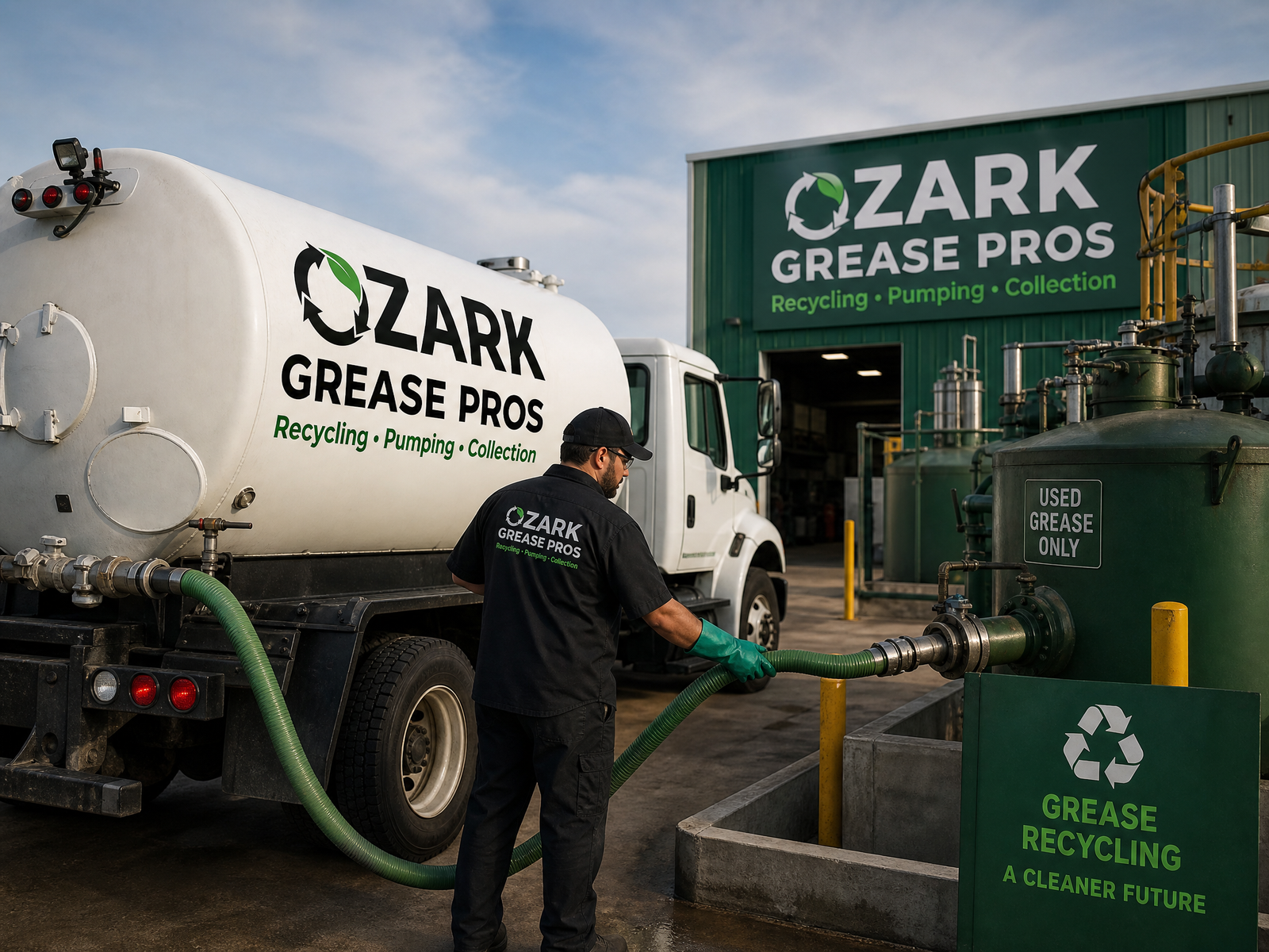 An Ozark Grease Pros worker transfers grease for recycling at their Siloam Springs service facility.