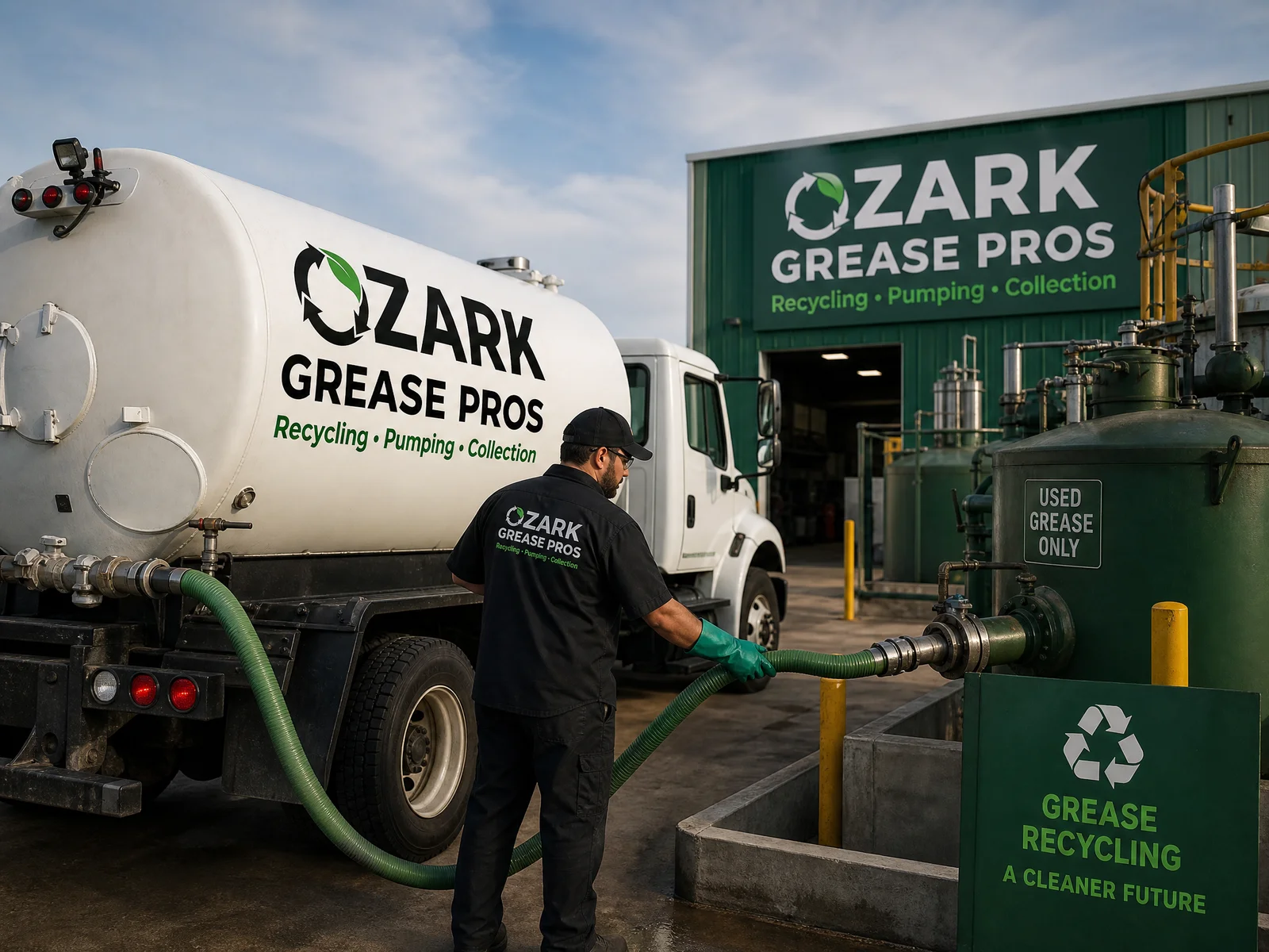 An Ozark Grease Pros worker helps recycle grease at their facility, showing services for grease traps in Fayetteville, AR.
