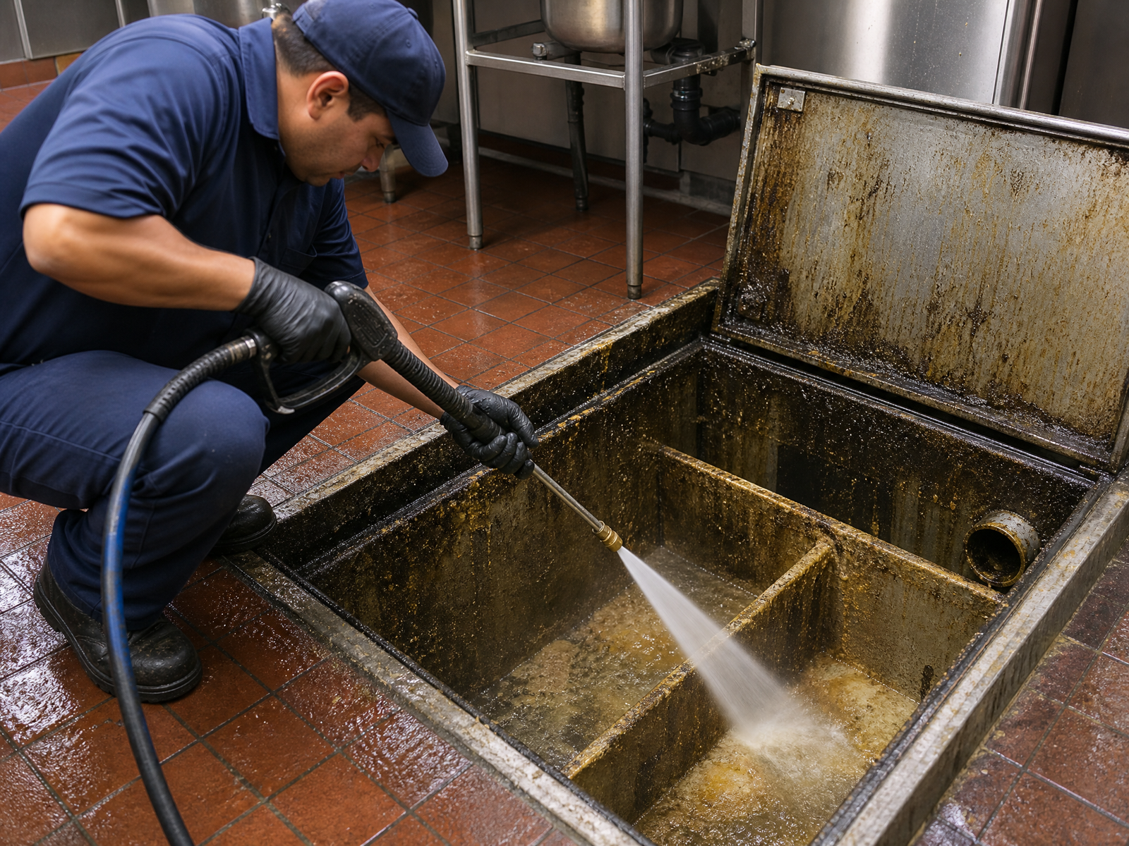 A worker from Ozark Grease Pros cleans a grease trap, showing how they keep kitchen equipment safe and working well.