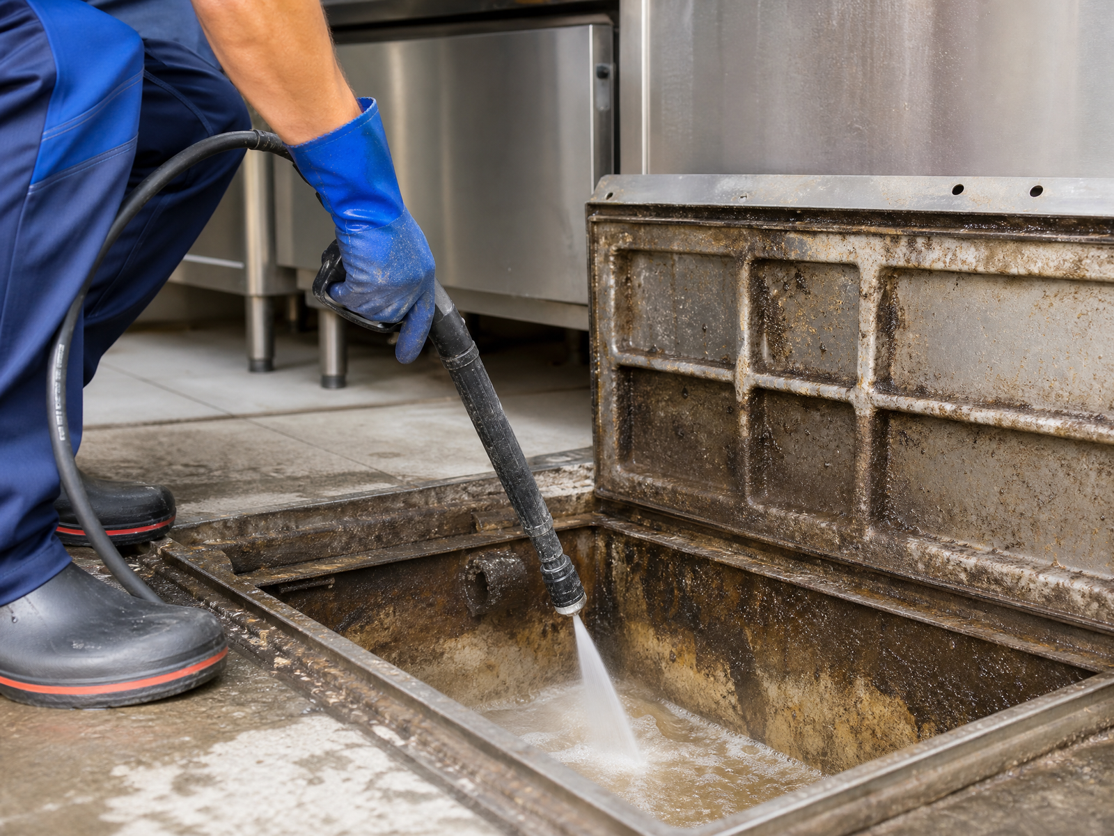 Ozark Grease Pros safely cleans a grease trap in a commercial kitchen, showing expert care and thorough service.