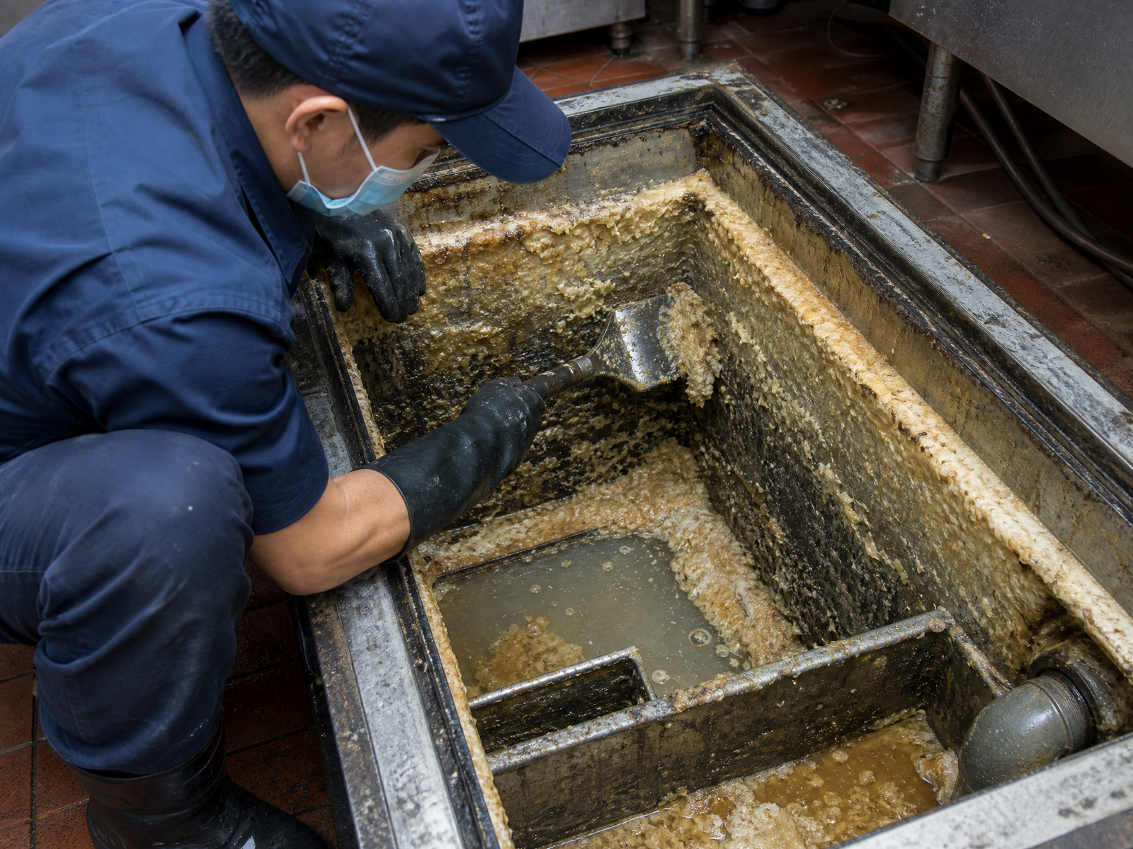 Ozark Grease Pros worker cleans a full grease trap in a commercial kitchen during a service call in Northwest Arkansas.