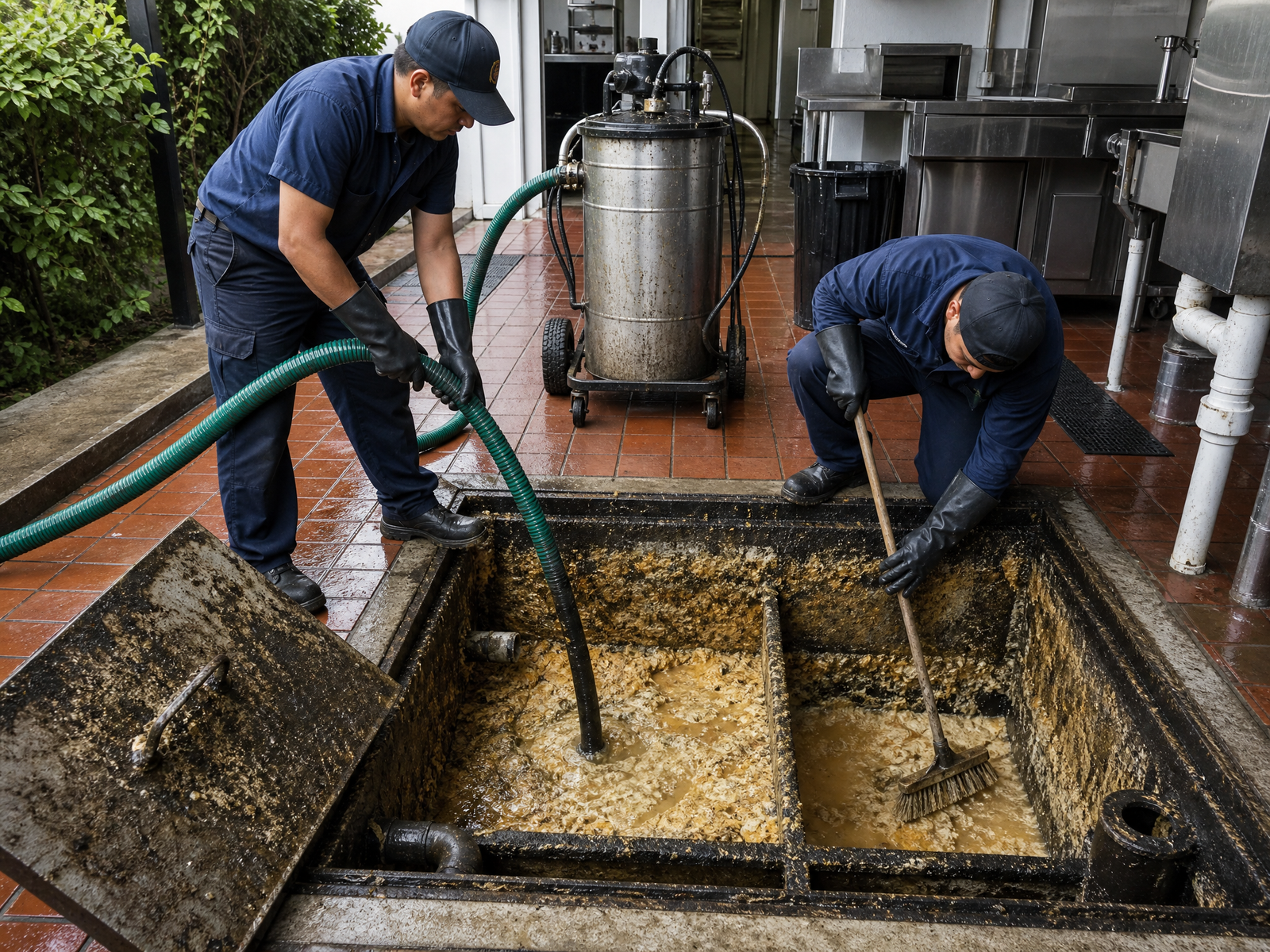 Ozark Grease Pros workers clean a commercial kitchen grease trap, showing a reliable and thorough cleaning service.