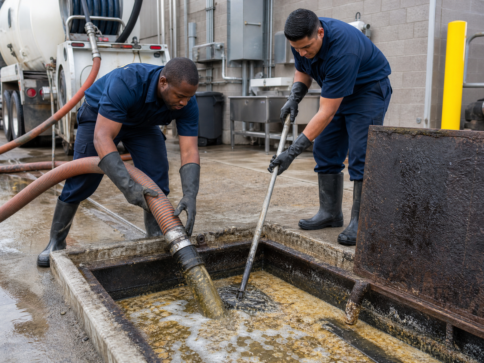 Ozark Grease Pros team works together to empty and clean a grease trap outside a business, showing expert service in action.