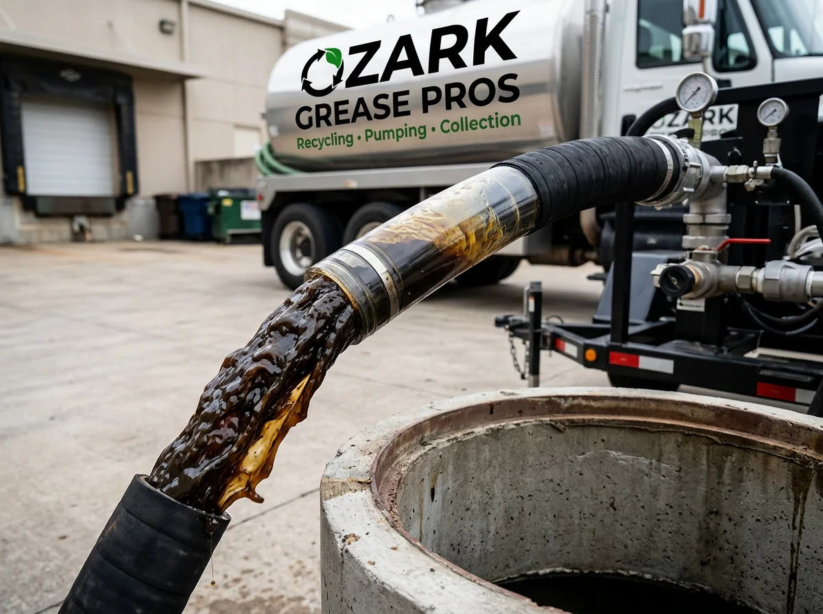 Ozark Grease Pros collecting old grease for recycling, showing their work in cleaning and pumping grease traps.