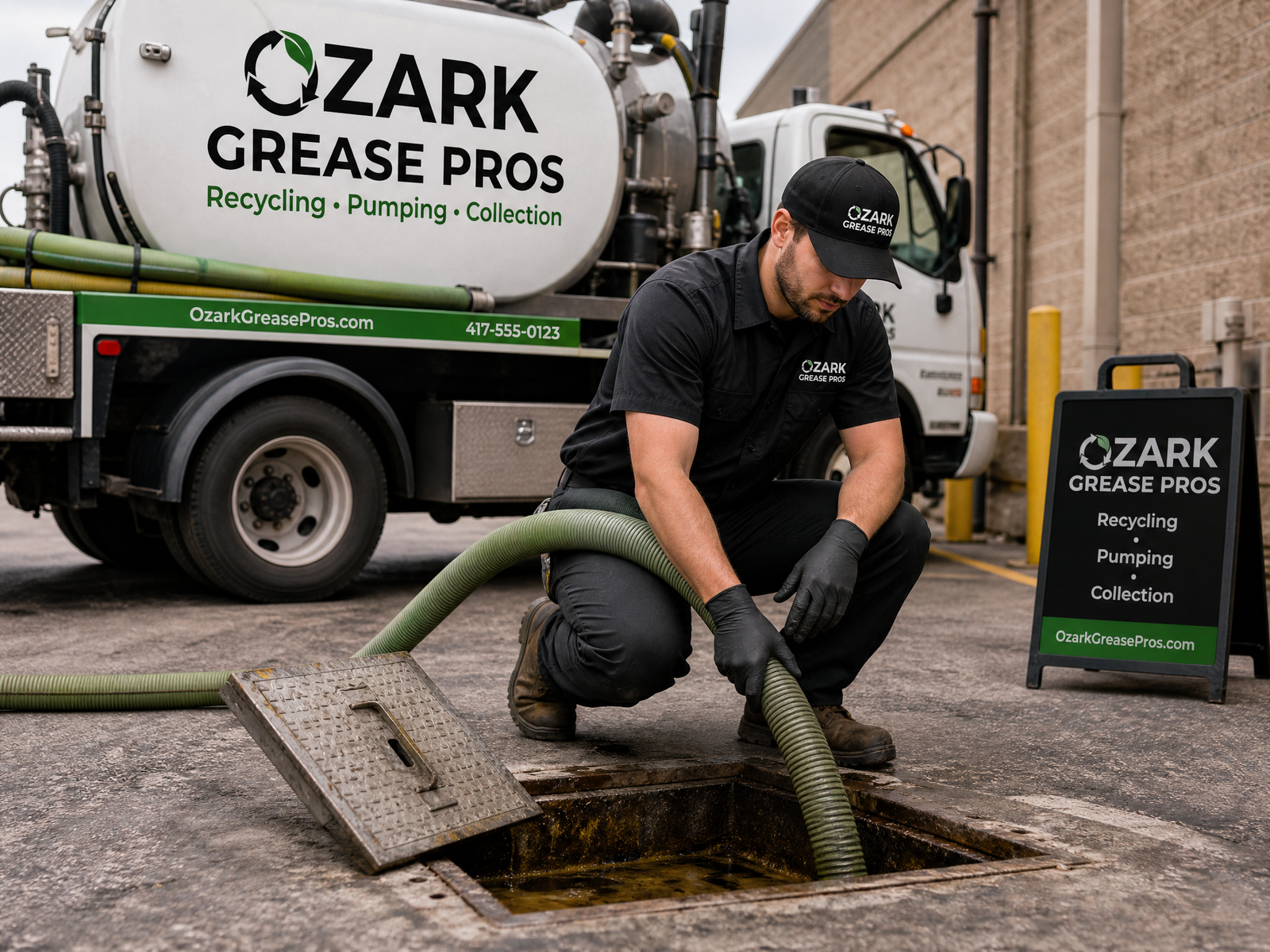 Ozark Grease Pros worker pumps a grease trap, showing their recycling and collection services in Northwest Arkansas.