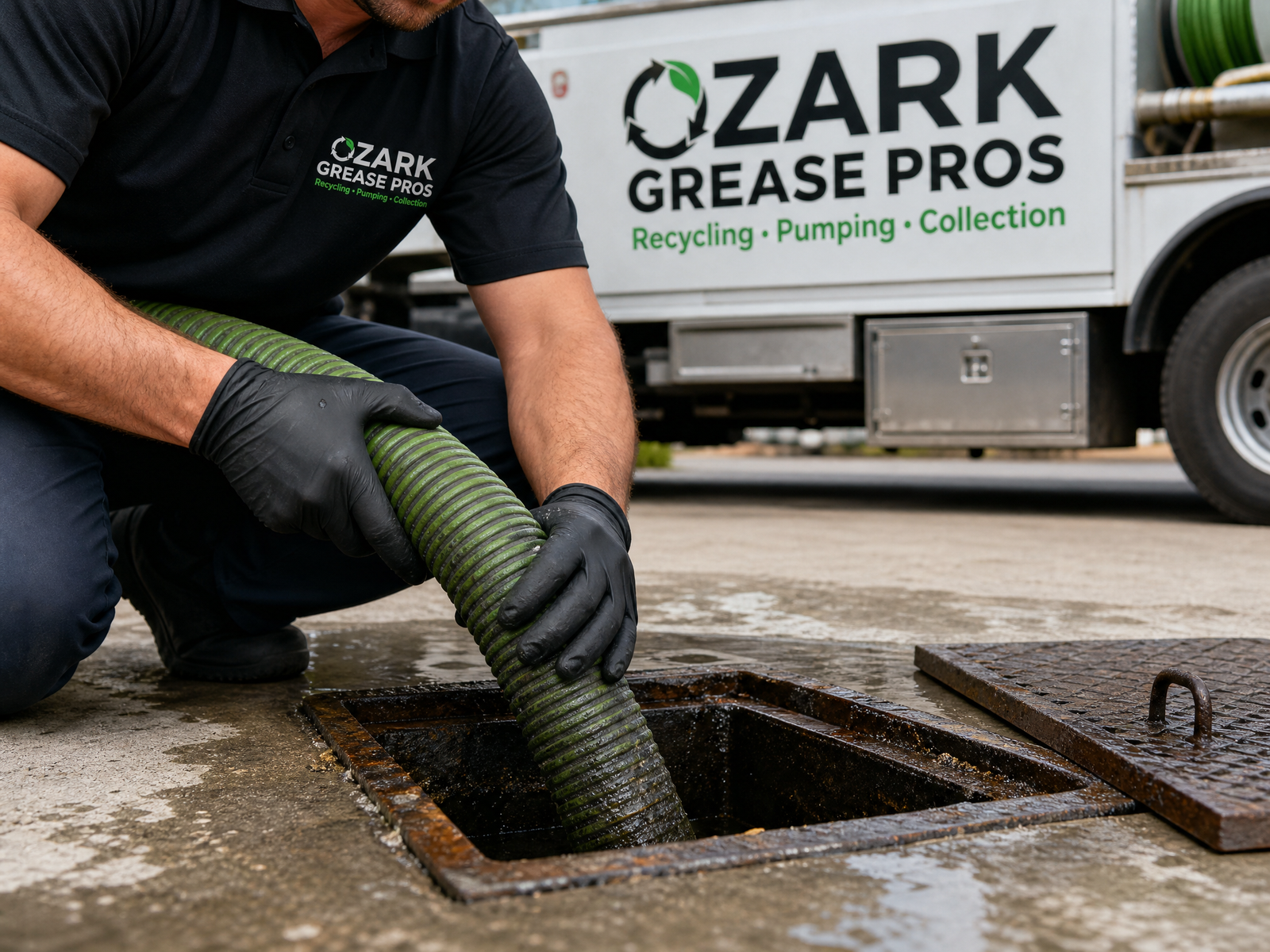 Ozark Grease Pros worker provides emergency grease trap service at a facility near Siloam Springs.