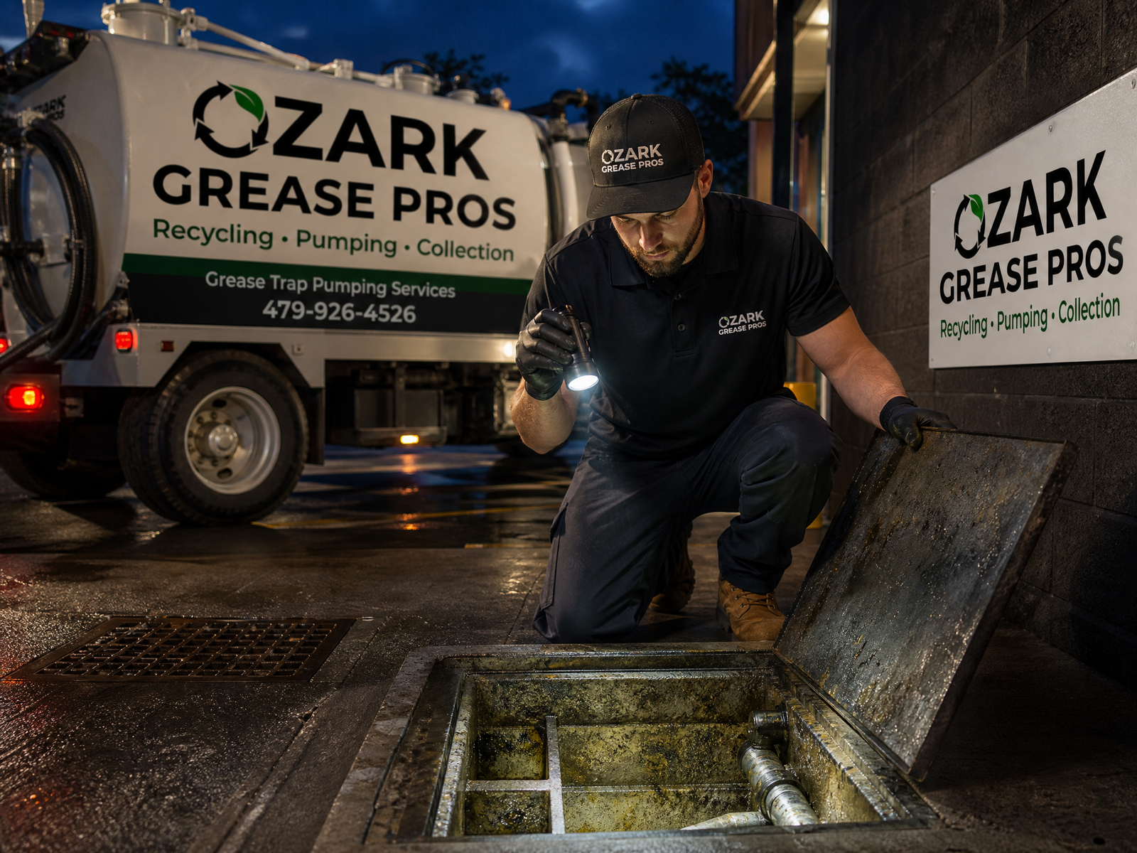 Ozark Grease Pros staff examine a grease trap at night, showing their service and care for local businesses.