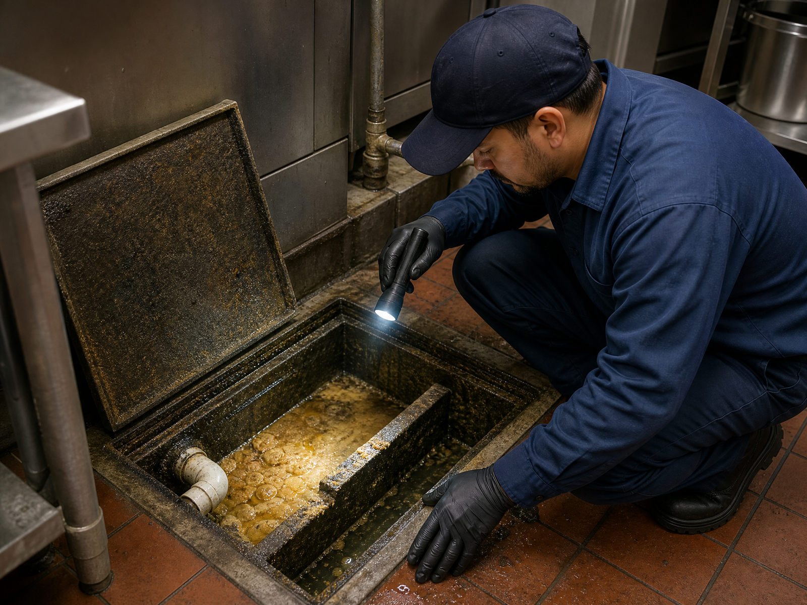 A worker checks a dirty kitchen drain, showing why Ozark Grease Pros offers fast emergency grease trap cleaning.