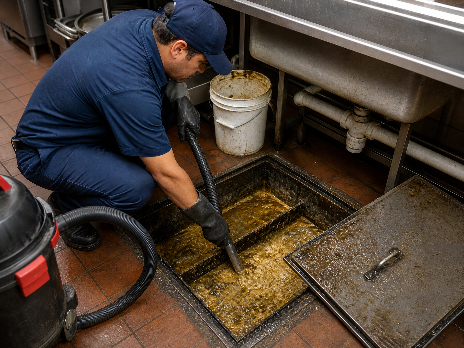 Ozark Grease Pros worker cleans a kitchen grease trap, showing fast and reliable help for restaurant emergencies.
