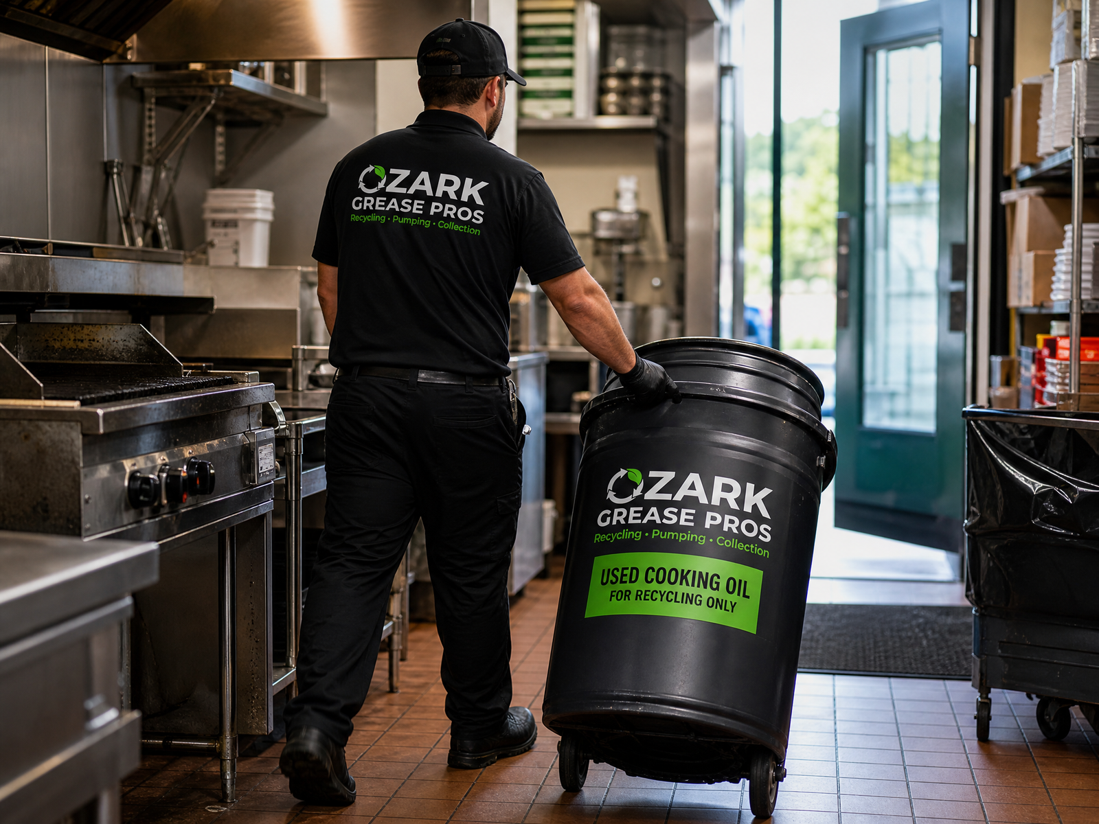 An Ozark Grease Pros worker collects used cooking oil in a kitchen as part of routine grease trap cleaning services.
