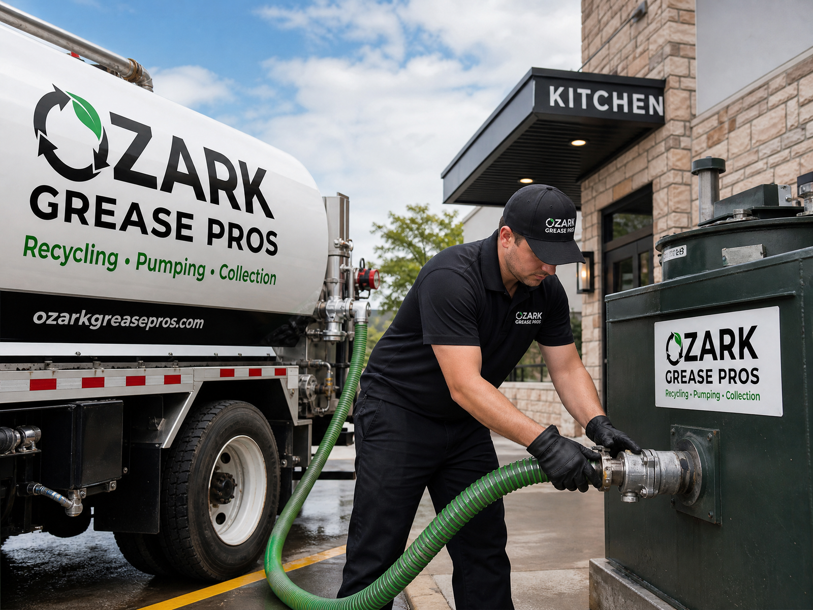 Ozark Grease Pros staff member services a grease trap outside a building, showing their cleaning work in Fayetteville, AR.