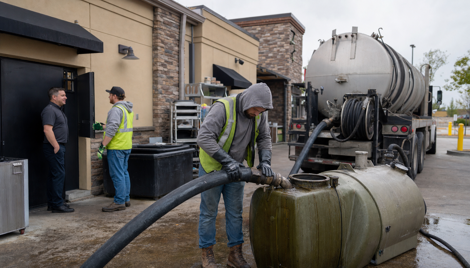 Ozark Grease Pros team uses a vacuum truck for grease trap service outside a business, ensuring safety and teamwork.