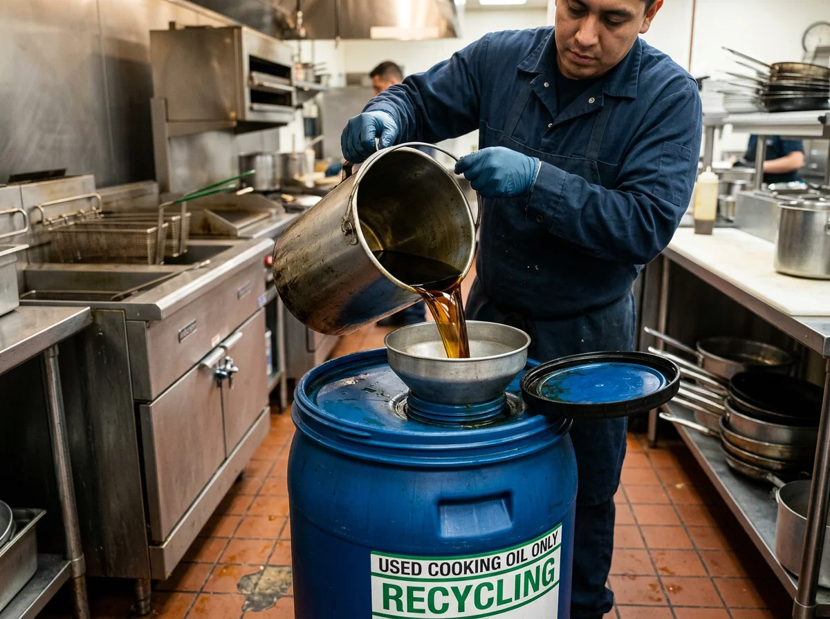 A worker safely recycles used cooking oil at Ozark Grease Pros’ facility, showing their organized grease disposal process.