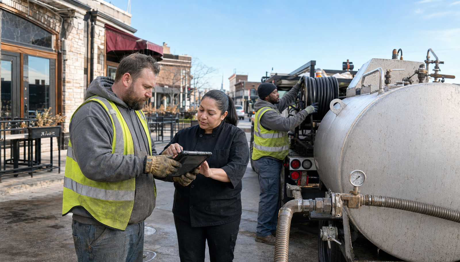 Ozark Grease Pros team works together to clean a grease trap on a city street in Fayetteville, AR.