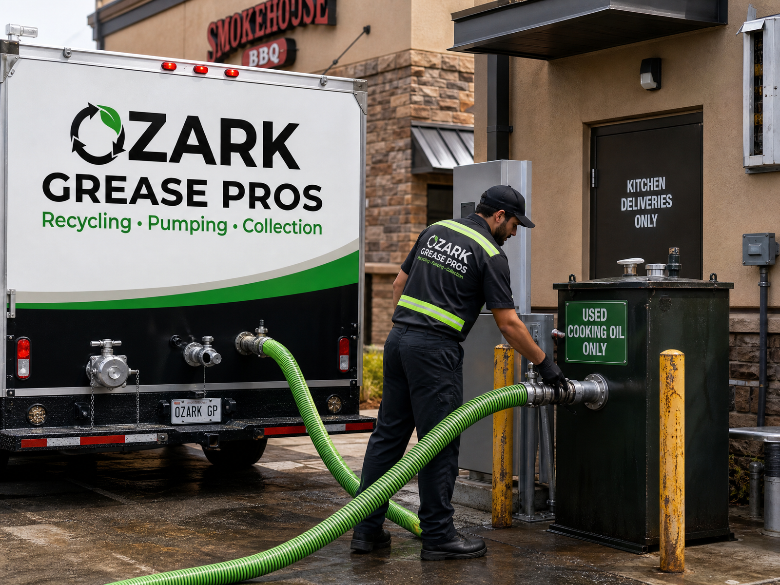 Ozark Grease Pros worker recycles used cooking oil outside a kitchen, showing their collection and recycling services.