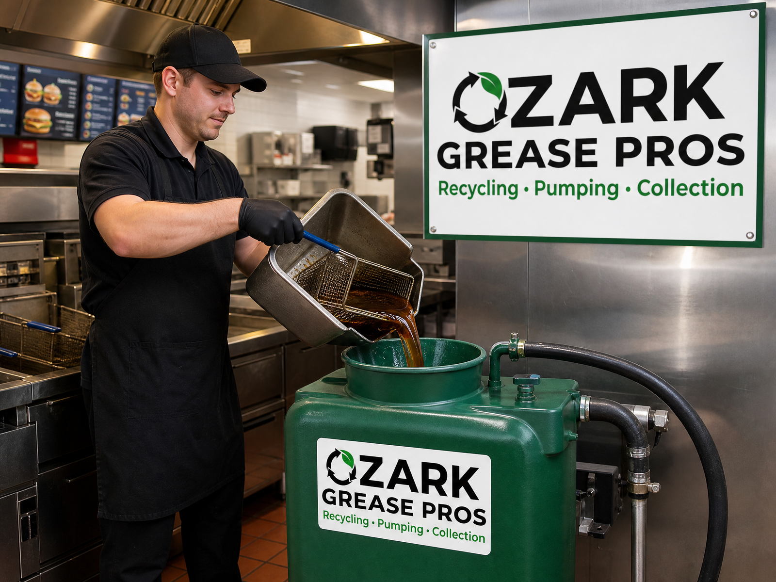 A worker shows how Ozark Grease Pros collects used oil for safe disposal as part of their grease trap cleaning service.