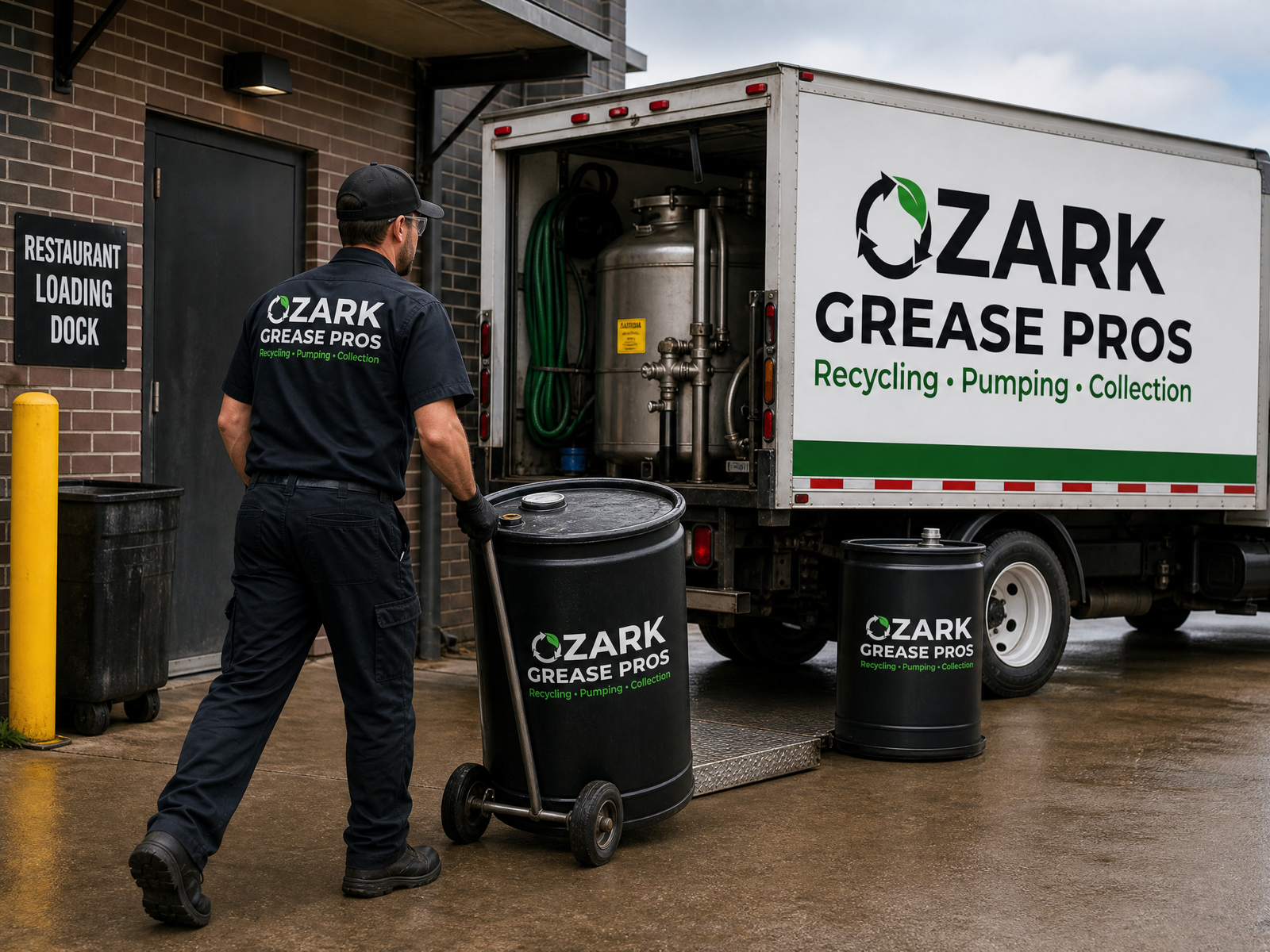 An Ozark Grease Pros employee moves used grease toward a company truck for proper disposal at a restaurant.